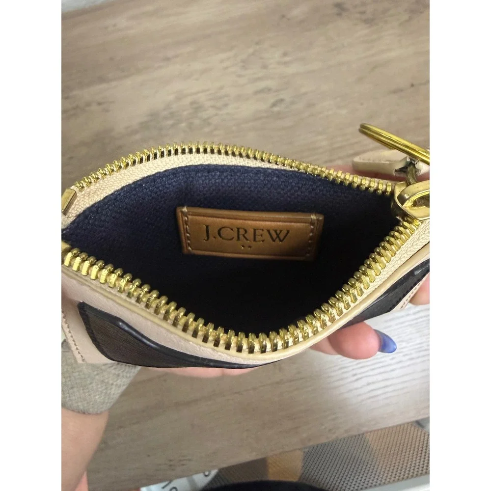 J.Crew Colorblock Leather Coin Purse Card Case Keychain Cream Black Gold Zip